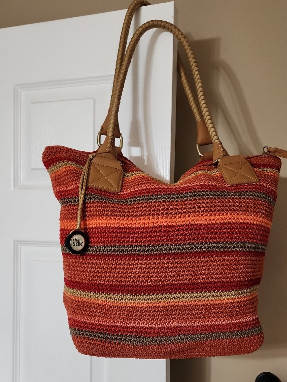 The Sak Orange Multi-Stripe Crochet Tote with Braided Handles